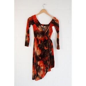 Monaco Velvet Wrap Dress‎ Womens Small Orange Brown Off Shoulder Long Sleeve